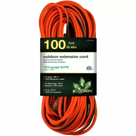 GoGreen Power® 1 Outlet Heavy Duty Extension Cord w/Lighted End 16/3 100' (100')