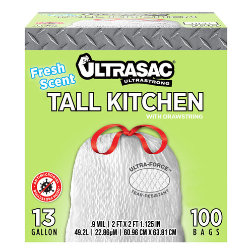 Ultrasac 13 Gallon 0.9 MIL Fresh Scent White Drawstring Tall Kitchen Trash Bags